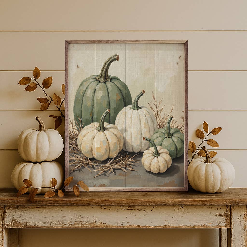 Green And White Pumpkins In Straw